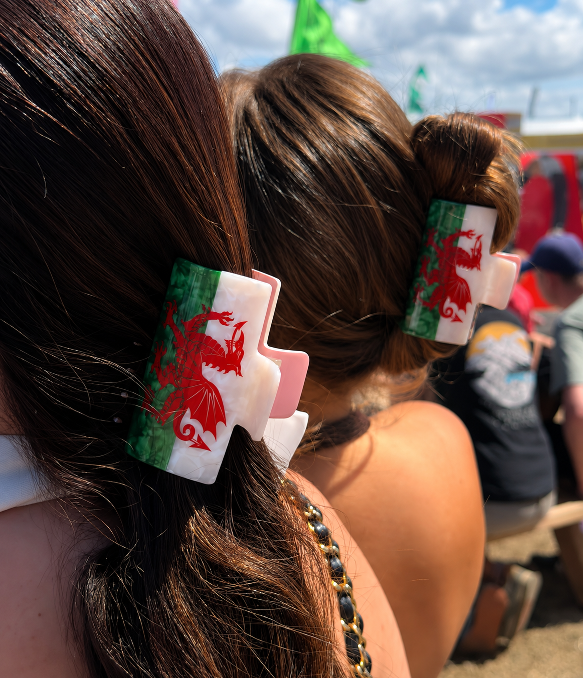Welsh dragon claw clips worn in three different hairstyles